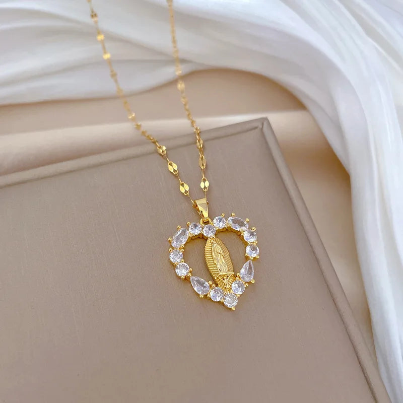 OIMG 316L Stainless Steel Luxury Love Virgin Micro Set Zircon Pendant Necklace for Women Girl Elegant Aesthetic Clavicle Chain