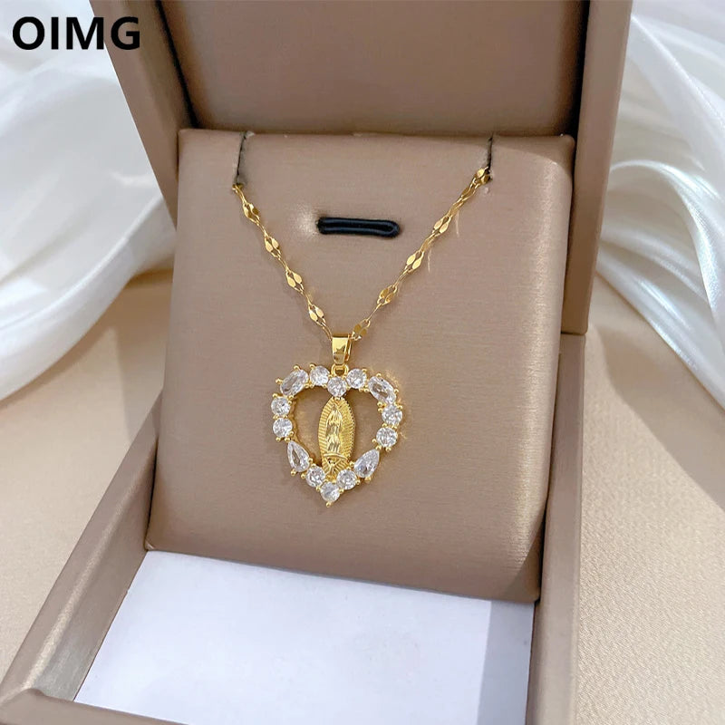 OIMG 316L Stainless Steel Luxury Love Virgin Micro Set Zircon Pendant Necklace for Women Girl Elegant Aesthetic Clavicle Chain