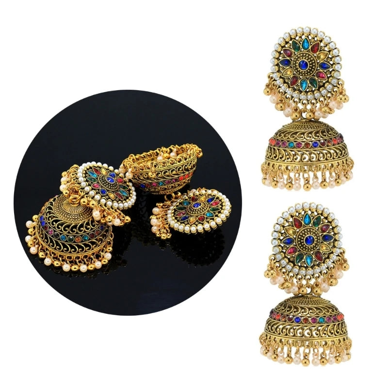 Indian Vintage Bollywood Gypsy Gold Plated Boho Bell Ear Rings Traditional Jhumka Jhumki Earrings for Women and Girls