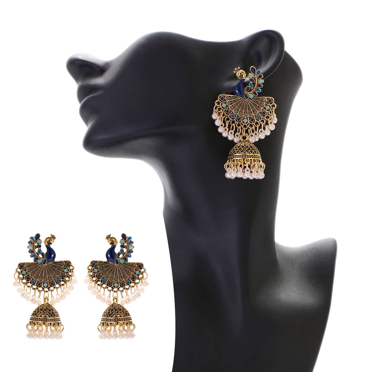 Retro Gold Color Alloy India Earring/Ring Set Women's Wedding Jewelry Blue Peacock Jhumka Earrings Hangers