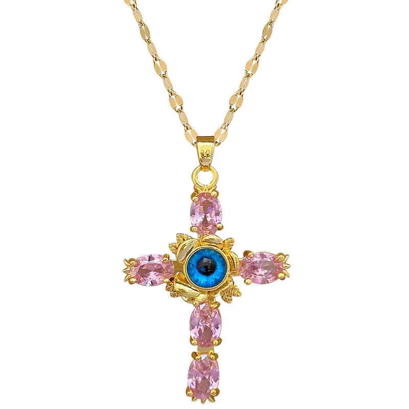 OIMG 316L Stainless Steel Gold Plated Exaggerated Pink Cross Evil Eyes Big Pendant Necklace For Women Luxury Jewelry 2024