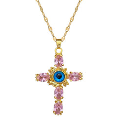 OIMG 316L Stainless Steel Gold Plated Exaggerated Pink Cross Evil Eyes Big Pendant Necklace For Women Luxury Jewelry 2024