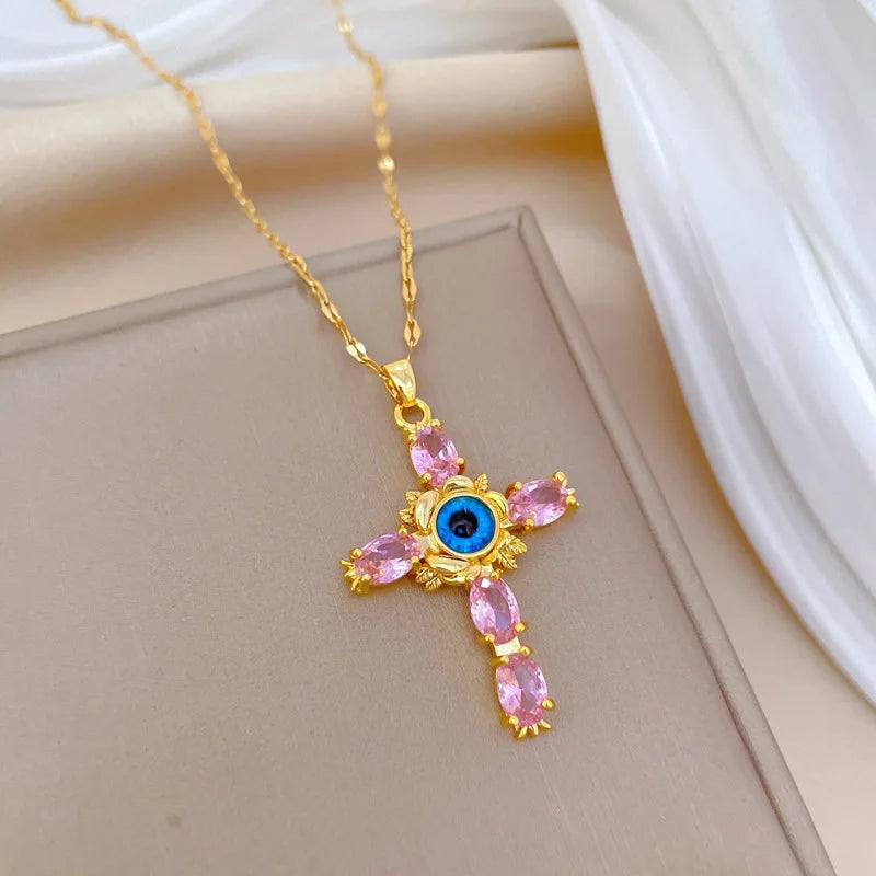 OIMG 316L Stainless Steel Gold Plated Exaggerated Pink Cross Evil Eyes Big Pendant Necklace For Women Luxury Jewelry 2024