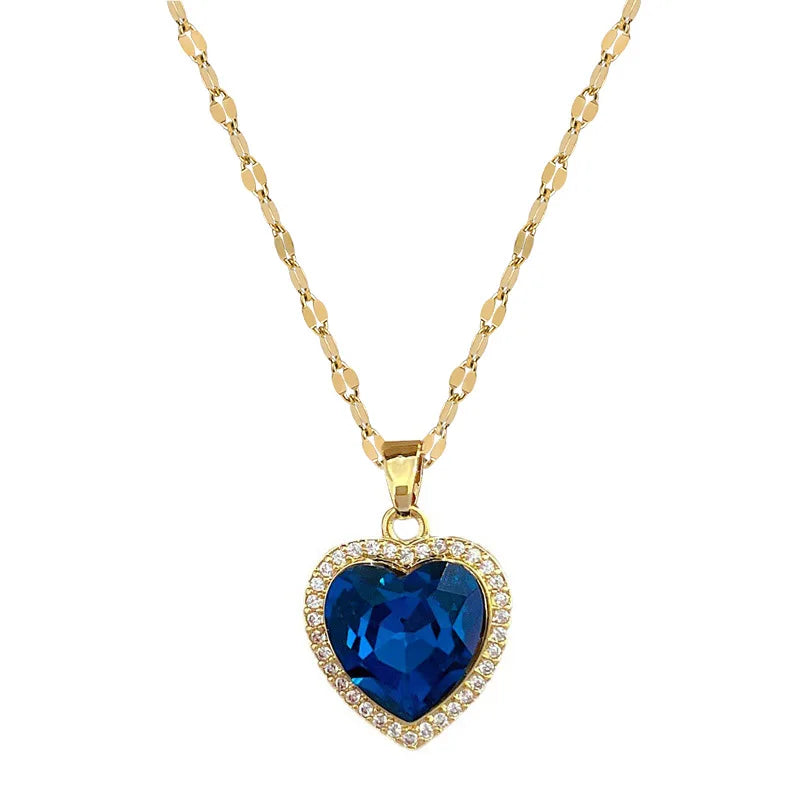 OIMG 316L Stainless Steel Gold Plated Light Luxury Charm Blue Zirconia Heart Necklace For Women Girl Gorgeous Party Jewelry 2023