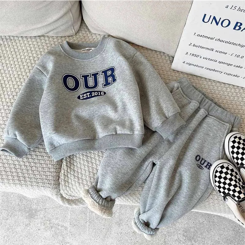 2024 Boys Round Neck Sweater Sets Children's Warm Casual Loose 2Pcs Autumn Winter New Kids Long-Sleeved Letter Sports Suit 2-6Y