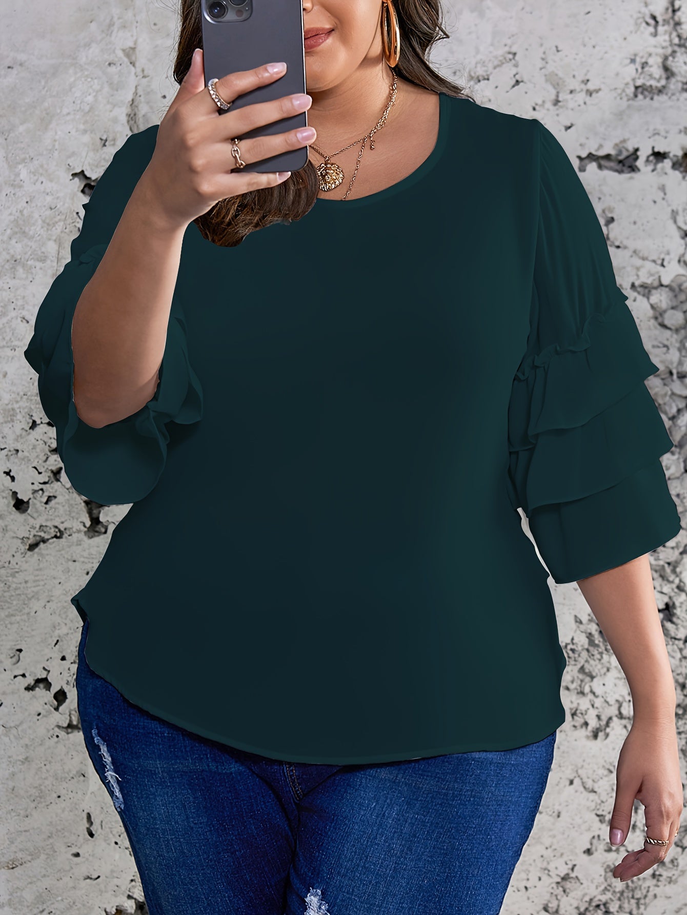 Plus Size Womens Chic Solid Top - Flattering Layered Style with Trendy Half Bell Sleeves, Round Neck, and Smooth Hem