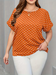 Plus Size Polka Dot Print T-shirt, Elegant Short Sleeve Crew Neck Top For Spring & Summer, Women's Plus Size Clothing