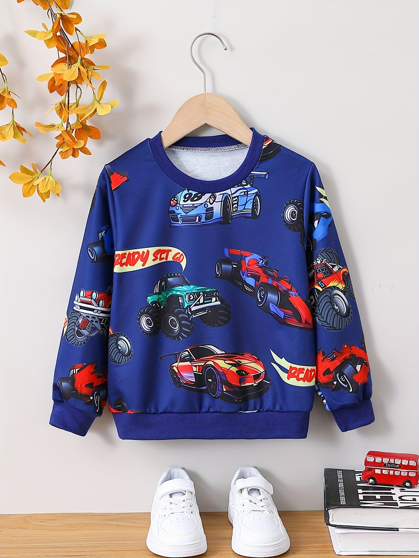 Cartoon Car Print Boys Casual Creative Pullover Sweatshirt, Long Sleeve Crew Neck Tops, Kids Clothing Outdoor