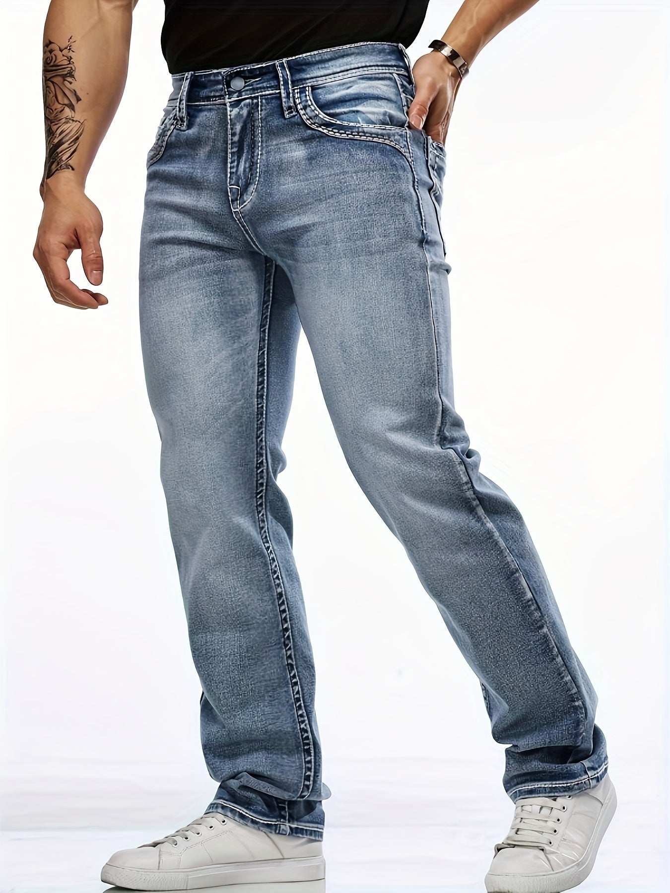 Men's Classic Stretch Denim Jeans With Embroidered Design, Regular Fit Four-Season Wear With Pockets, Suitable For Adults