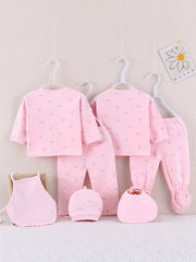 7pcs Newborn Outfits Gifts, Cute Graphic Baby Boys Girls Cotton Comfy Clothes Set - Footed Pants Cardigan Top Trousers Hat Bib Set