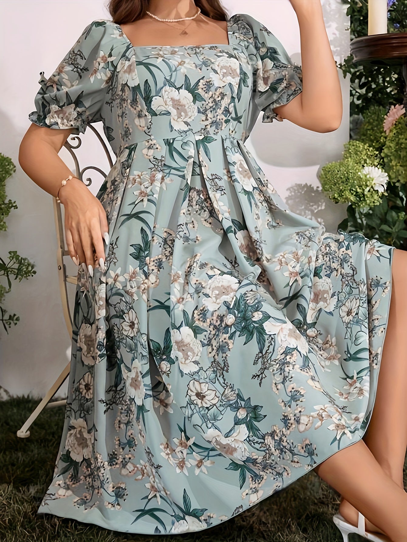 Plus Size Floral Print Cinched Waist Dress, Elegant Square Neck Pleated Swing Dress For Spring & Summer, Women's Plus Size Clothing