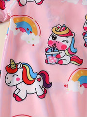 Toddler's Cartoon Rainbow Unicorn Pattern One-piece Swimsuit, Stretchy Short Sleeve Bathing Suit, Baby Girl's Swimwear For Summer Beach Holiday