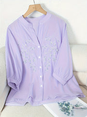 Floral Pattern Simple Blouse, Elegant Button Front Stand Collar Blouse, Women's Clothing