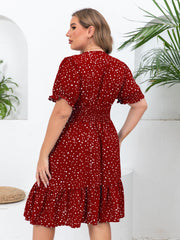 Plus Size Polka Dot Charm - Flattering Shirred Waist Dress with Ruffle Hem - Short Sleeve Surplice Neck for Spring & Summer Elegance - Womens Plus Size Fashion