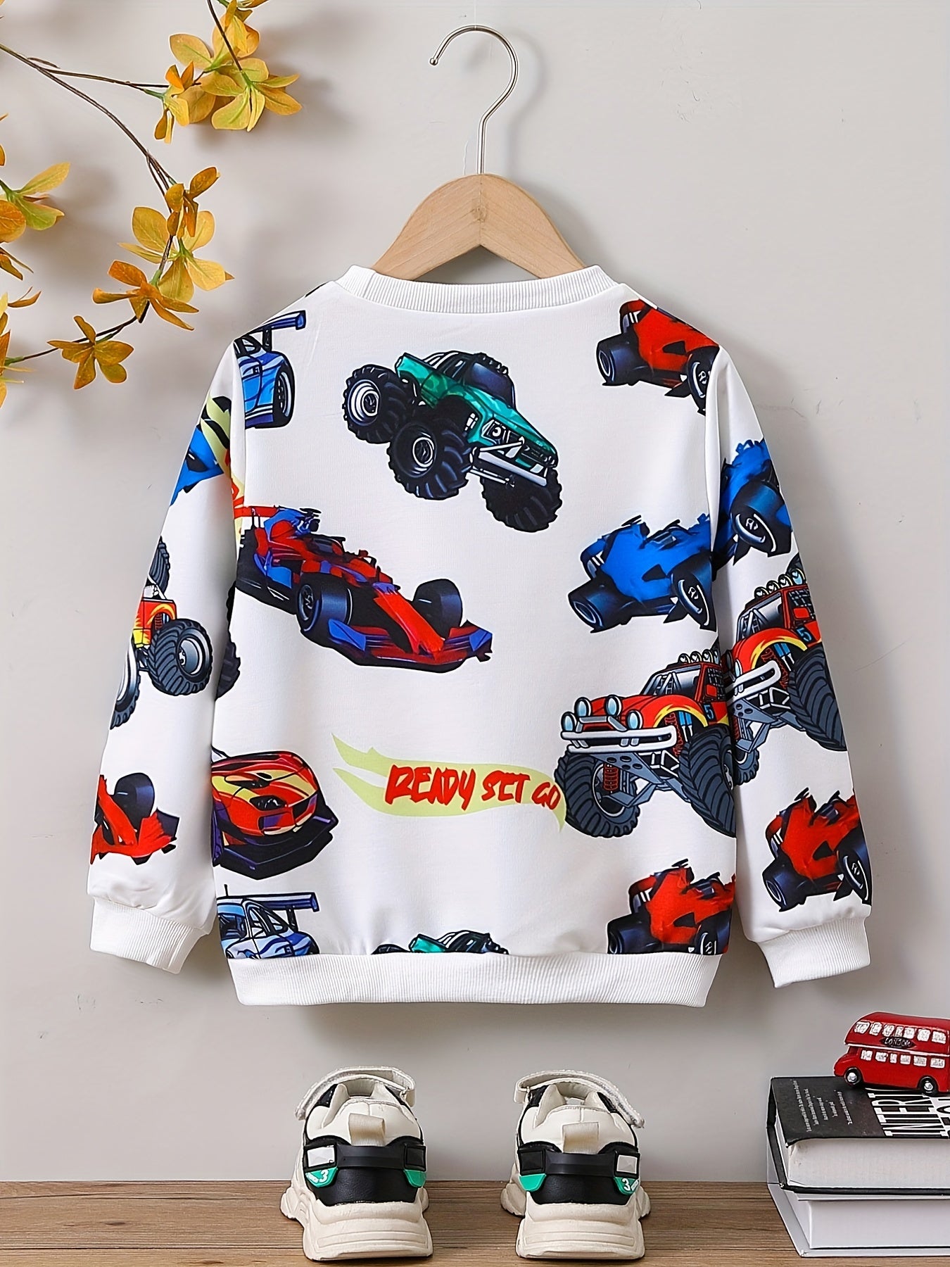 Cartoon Car Print Boys Casual Creative Pullover Sweatshirt, Long Sleeve Crew Neck Tops, Kids Clothing Outdoor