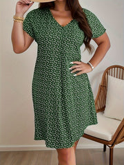 Plus Size All Over Print Dress, Elegant V Neck Short Sleeve Dress, Women's Plus Size Clothing