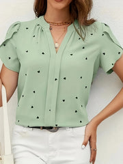 Dot Print Petal Sleeve Blouse, Elegant V-neck Short Sleeve Blouse, Women's Clothing