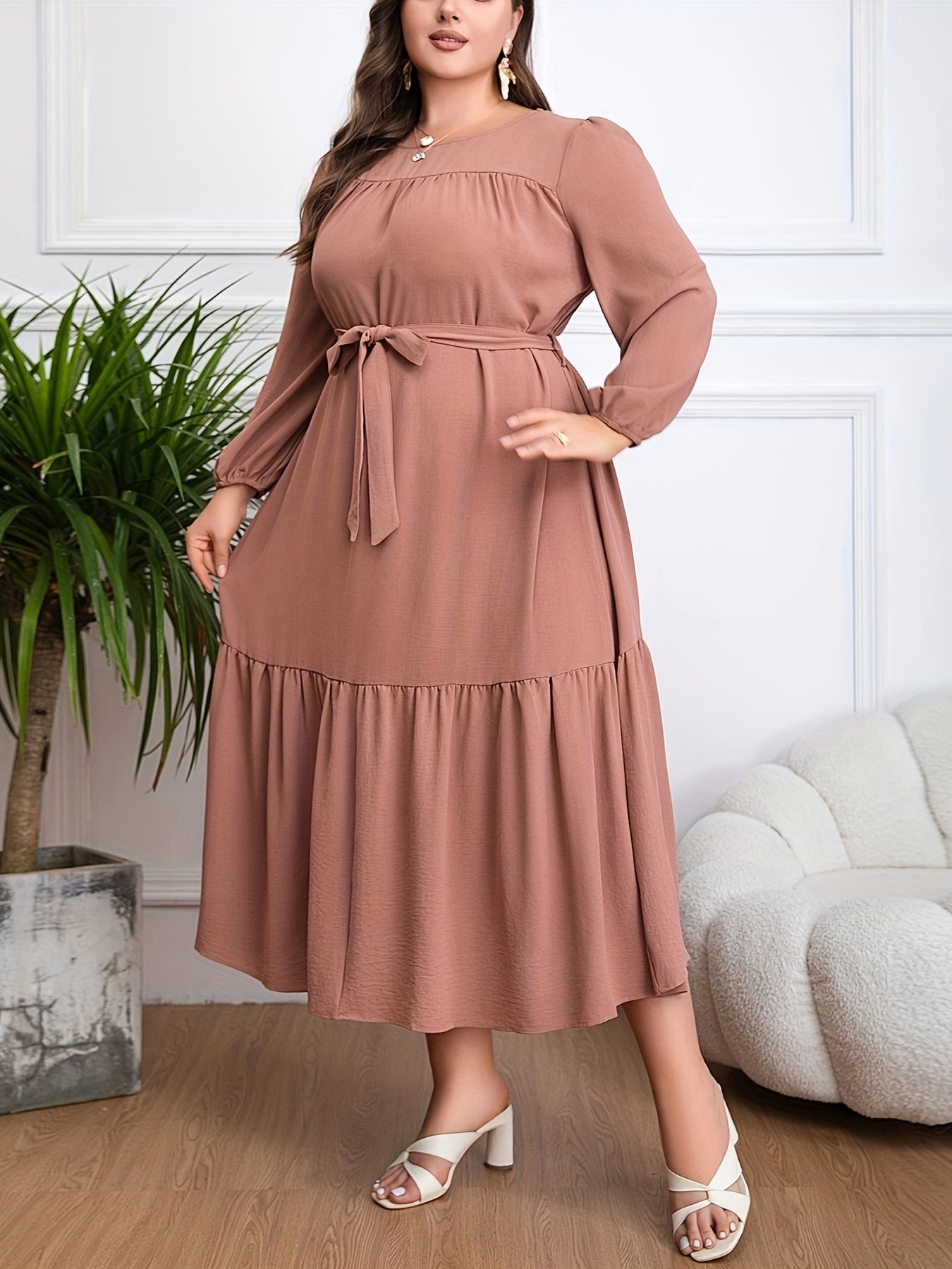 Plus Size Flattering Tie Waist Dress with Ruffle Hem - Long Sleeve Casual Style for Spring & Fall - Perfect Womens Plus Size Clothing Choice for Ramadan