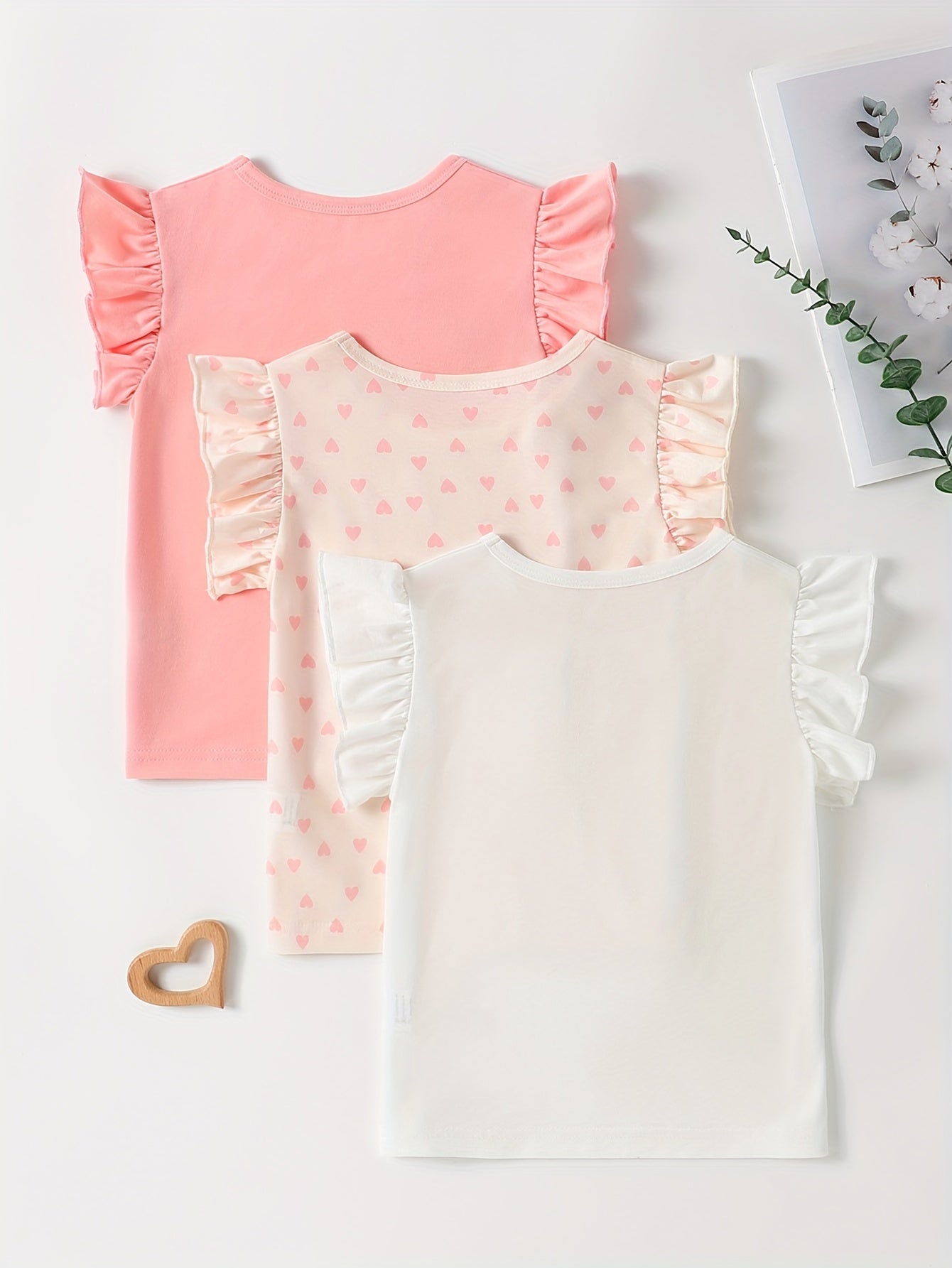 3pcs Girls Adorable Heart Graphic Solid Color Ruffle Trim T-shirt Set - Perfect for Summer Parties & Valentines Day Gifts