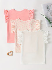 3pcs Girls Adorable Heart Graphic Solid Color Ruffle Trim T-shirt Set - Perfect for Summer Parties & Valentines Day Gifts