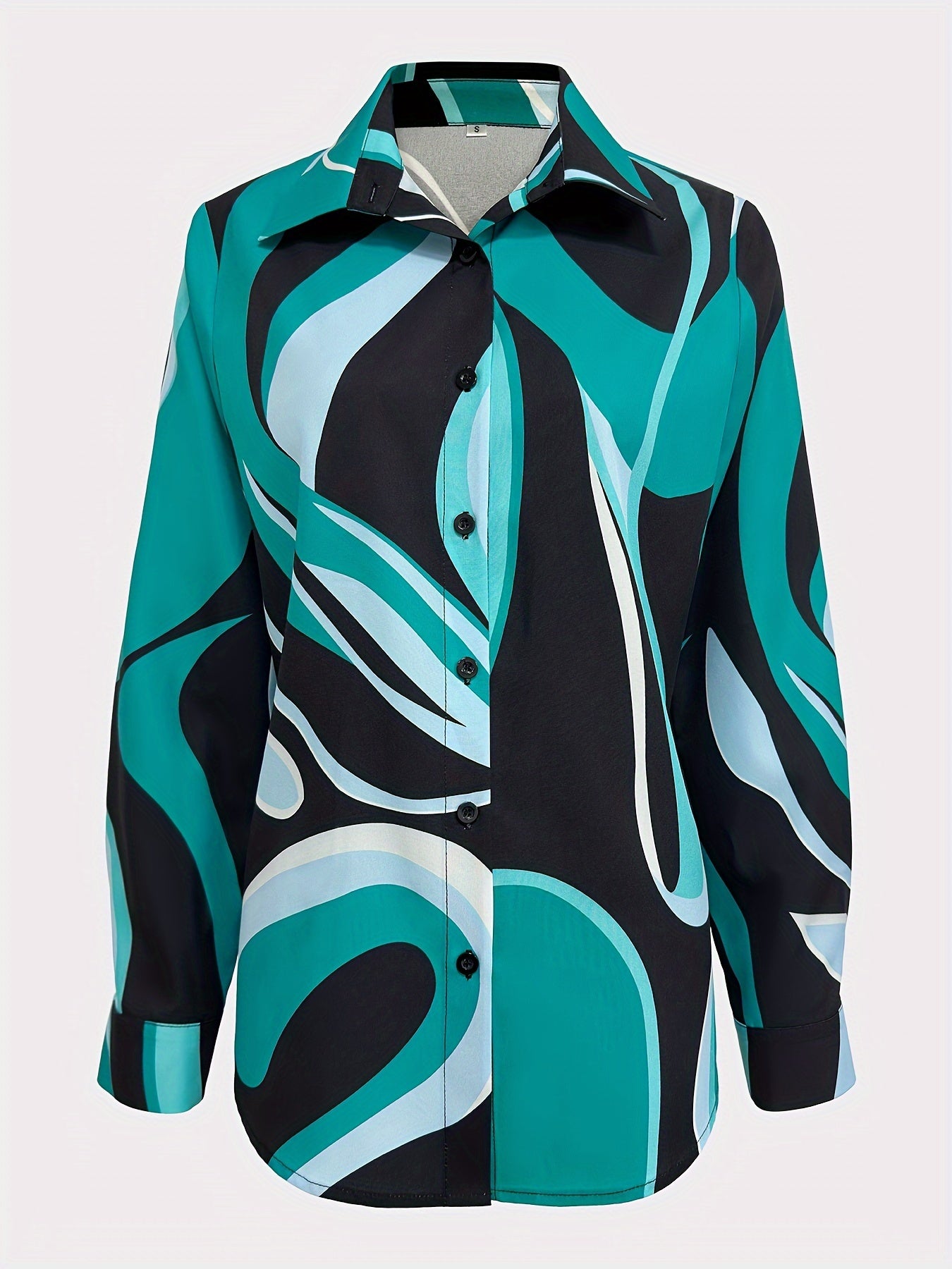 Geo Print Shirt, Casual Button Front Long Sleeve Shirt, Women's Clothing