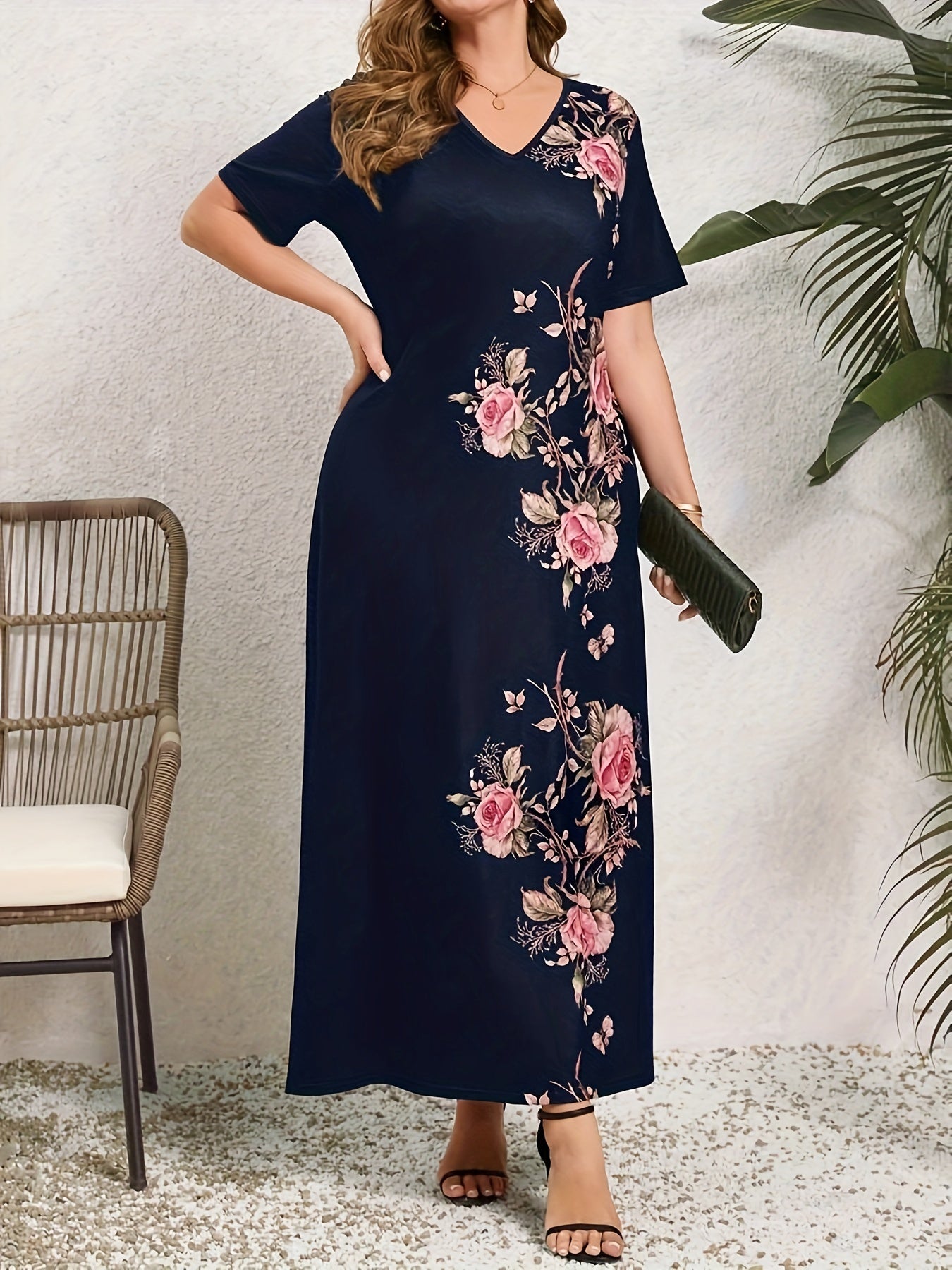 Plus Size Floral Print Slim Dress, Vacation V Neck Short Sleeve Dress For Spring & Summer, Women's Plus Size Clothing