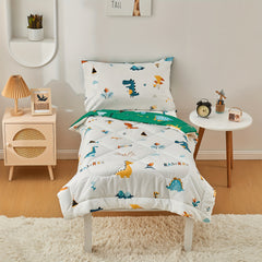 4pcs Dinosaur Bedding Set, Including 1 Comforter, 1 Fitted Sheet, 1 Flat Sheet And 1 Reversible Pillowcase, For Room Decor