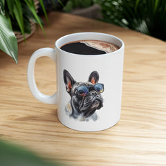 French Bulldog Ceramic Mug 11oz - Cool Glasses Dog Watercolor Print - Dog Lover Gift - Dishwasher & Microwave Safe