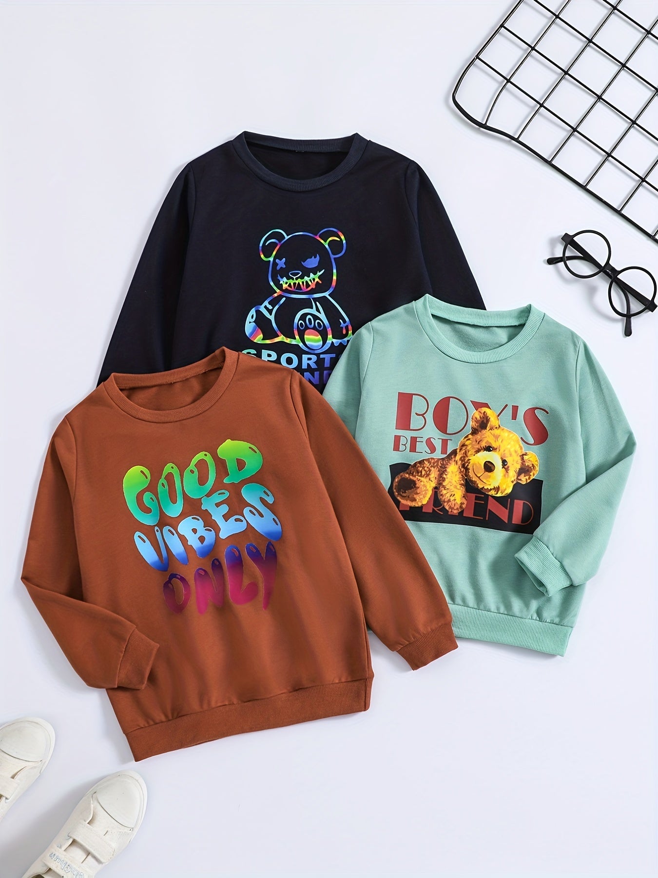 3pcs Toddler Boys Cartoon Sweatshirt Set - Letter Print Long Sleeve Tops, Comfortable & Stylish for Spring, Fall, Winter - Adorable Casual Wear