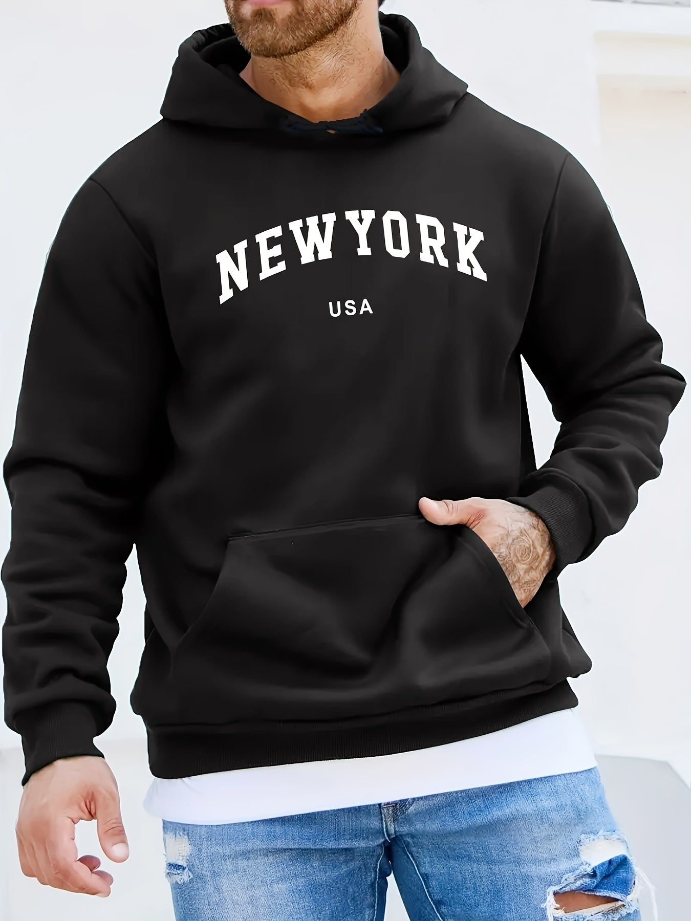 Mens New York Skyline Print Hoodie - Kangaroo Pocket, Long Sleeve, Durable & Warm - Casual Fall Winter Sweatshirt for All-Season Style