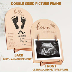 Unique Wooden Ultrasound Photo Frame With Double-Sided Sign & Ink Pad - Perfect Pregnancy Announcement Gift For New Parents, Decorative Room Accessory, Cherished Memories Display