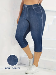 Plus Size Faux Denim Capri Leggings, Casual High Waist Stretchy Leggings For Spring & Summer, Women's Plus Size Clothing