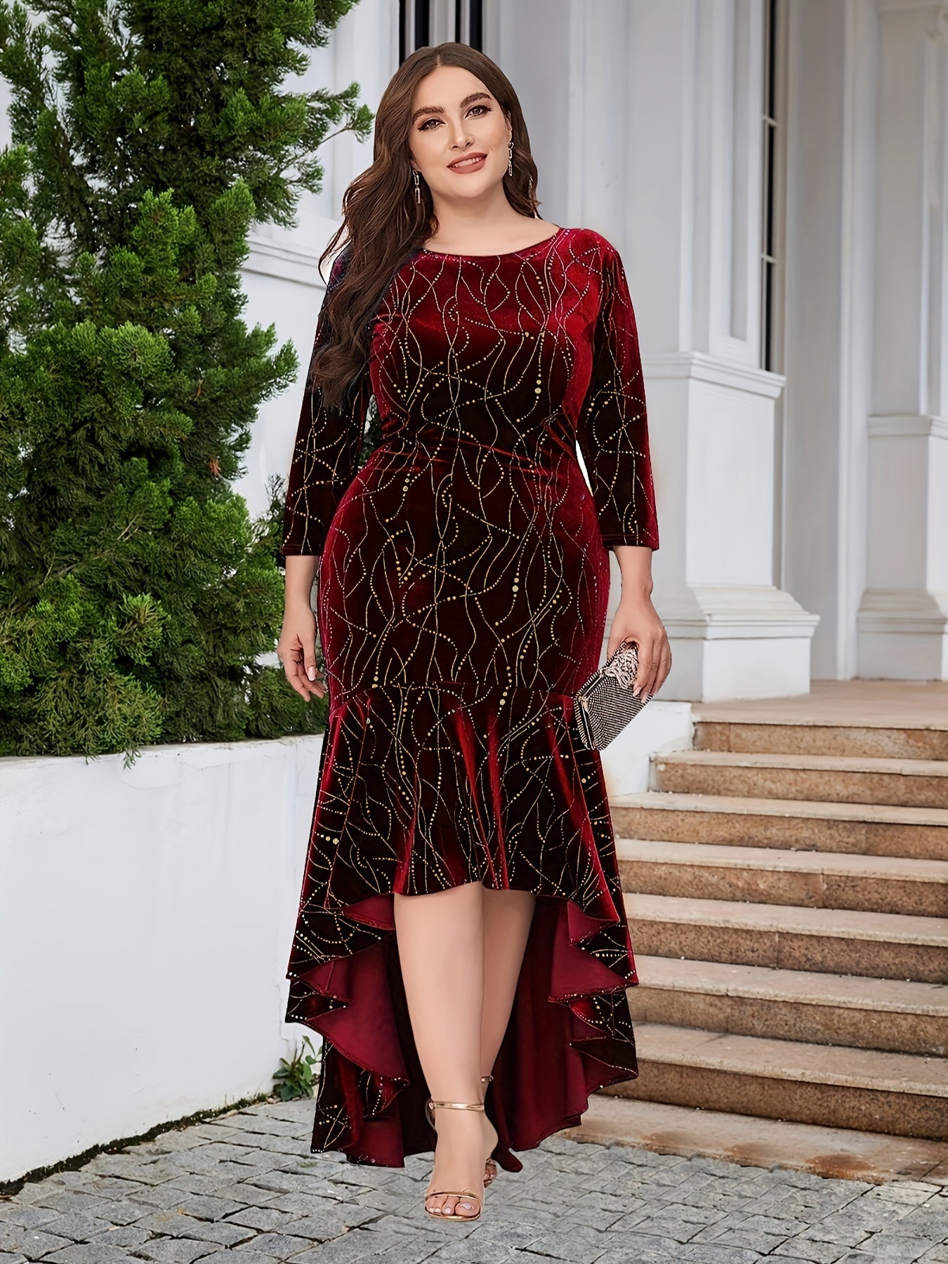 Plus Size Glamorous Golden Dot Velvet Dress - Luxurious Soft Fabric, Flattering Ruffle Trim, Three-Quarter Sleeves, Round Neck, Mermaid Silhouette - Perfect for Elegant Occasions