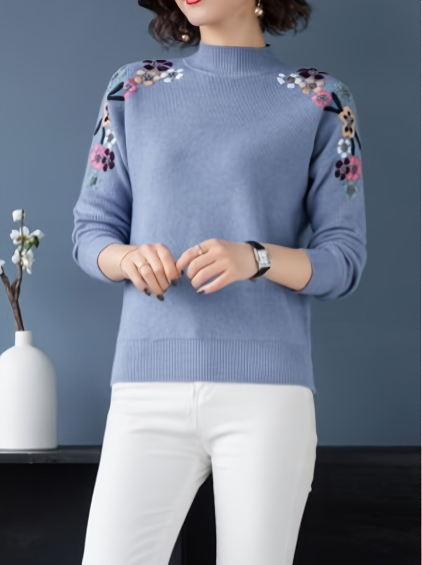 Floral Pattern Mock Neck Knit Sweater, Casual Long Sleeve Pullover Sweater, Women's Clothing