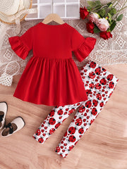 Girls Cartoon Ladybug Outfit - Complete 2-Piece Set with Comfortable Short Sleeves, Adorable Ruffled Hem Detail, Soft and Breathable Cotton Fabric, Vibrant Cartoon Ladybug Pattern, and All-Over Ladybug Print Design