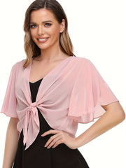 Solid Color Knotted Front Blouse, Elegant Short Sleeve Chiffon Blouse For Summer, Women's Clothing