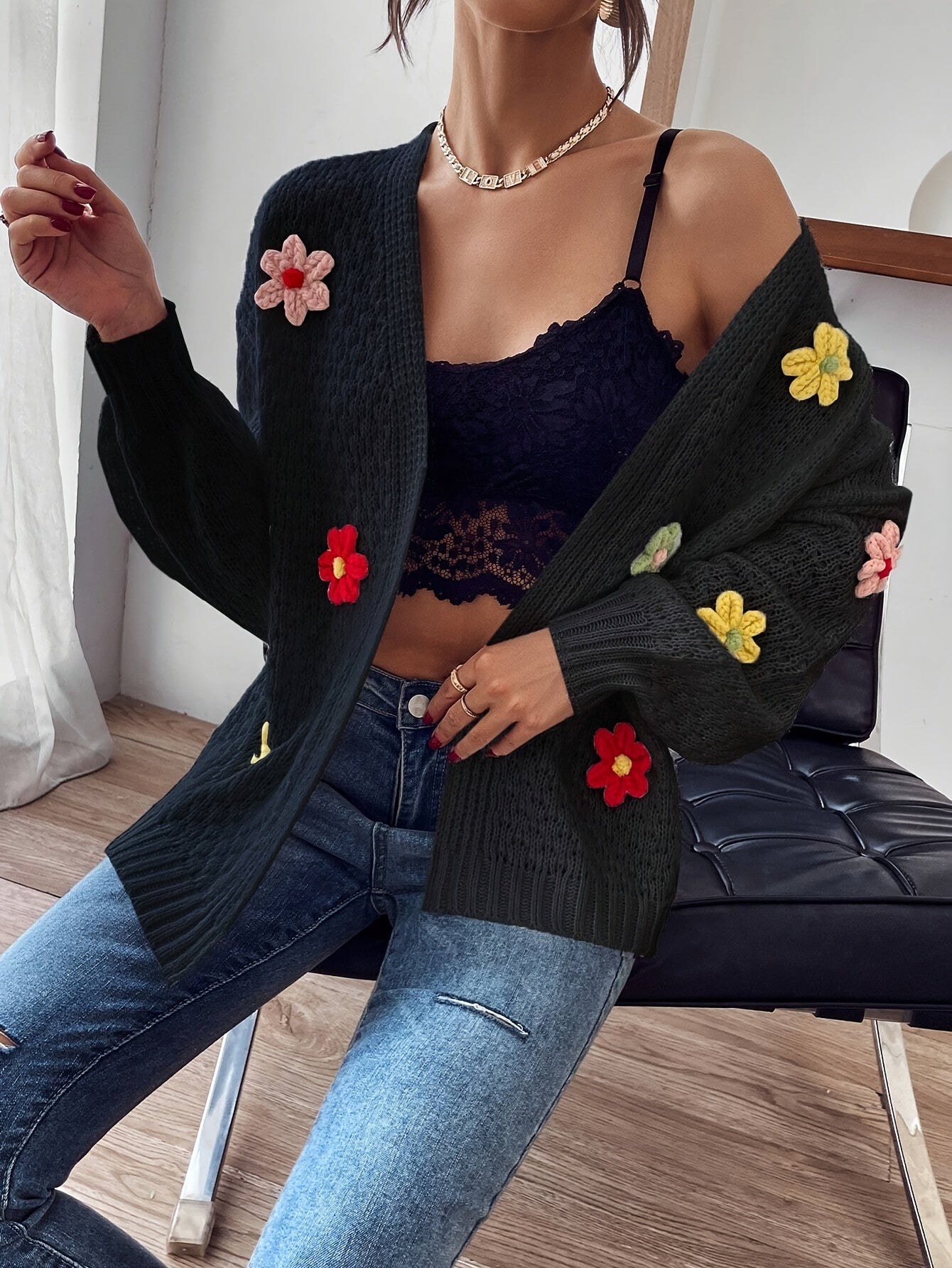 Floral Texture Open Front Cardigan, Casual Long Sleeve Cardigan For Fall & Winter, Women's Clothing