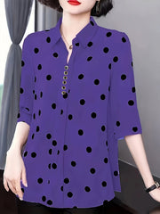 Polka Dot Print Lapel Blouse, Casual Half Sleeve Top For Spring & Summer, Women's Clothing