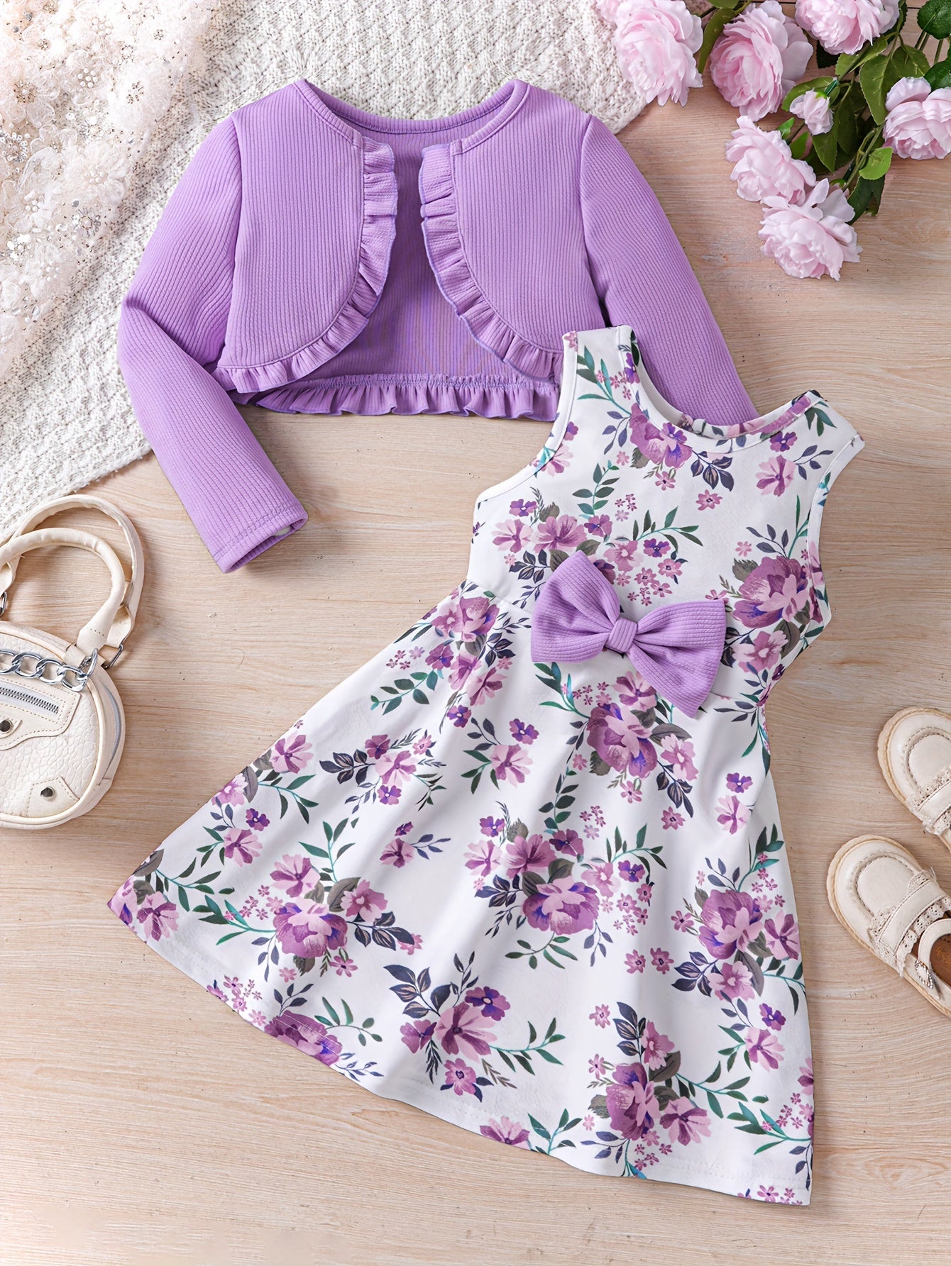 Sweet Girls 2pcs Solid Frill Trim Long Sleeve Outerwear + Flower Graphic Sleeveless Dress Set For Summer Party Gift