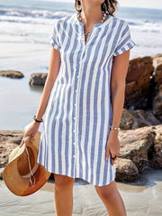 Striped Button Front Notched Neck Dress, Casual Short Sleeve Dress For Spring & Summer, Women's Clothing