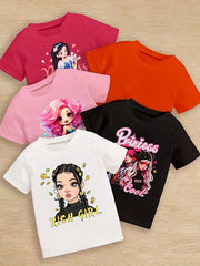 Cool Cartoon Girls & RICH GIRL Graphic Print, Girls' 5PCS/Set Short Sleeve Crew Neck Tees For Summer, Girls' Clothes