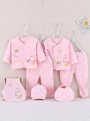 7pcs Newborn Outfits Gifts, Cute Graphic Baby Boys Girls Cotton Comfy Clothes Set - Footed Pants Cardigan Top Trousers Hat Bib Set