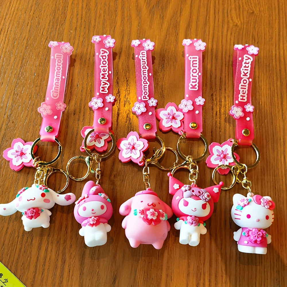 Sanrio Hello Kitty Sakura Pink Doll Keychain With Floral Charm, Cute Cartoon Durable Pendant For Men