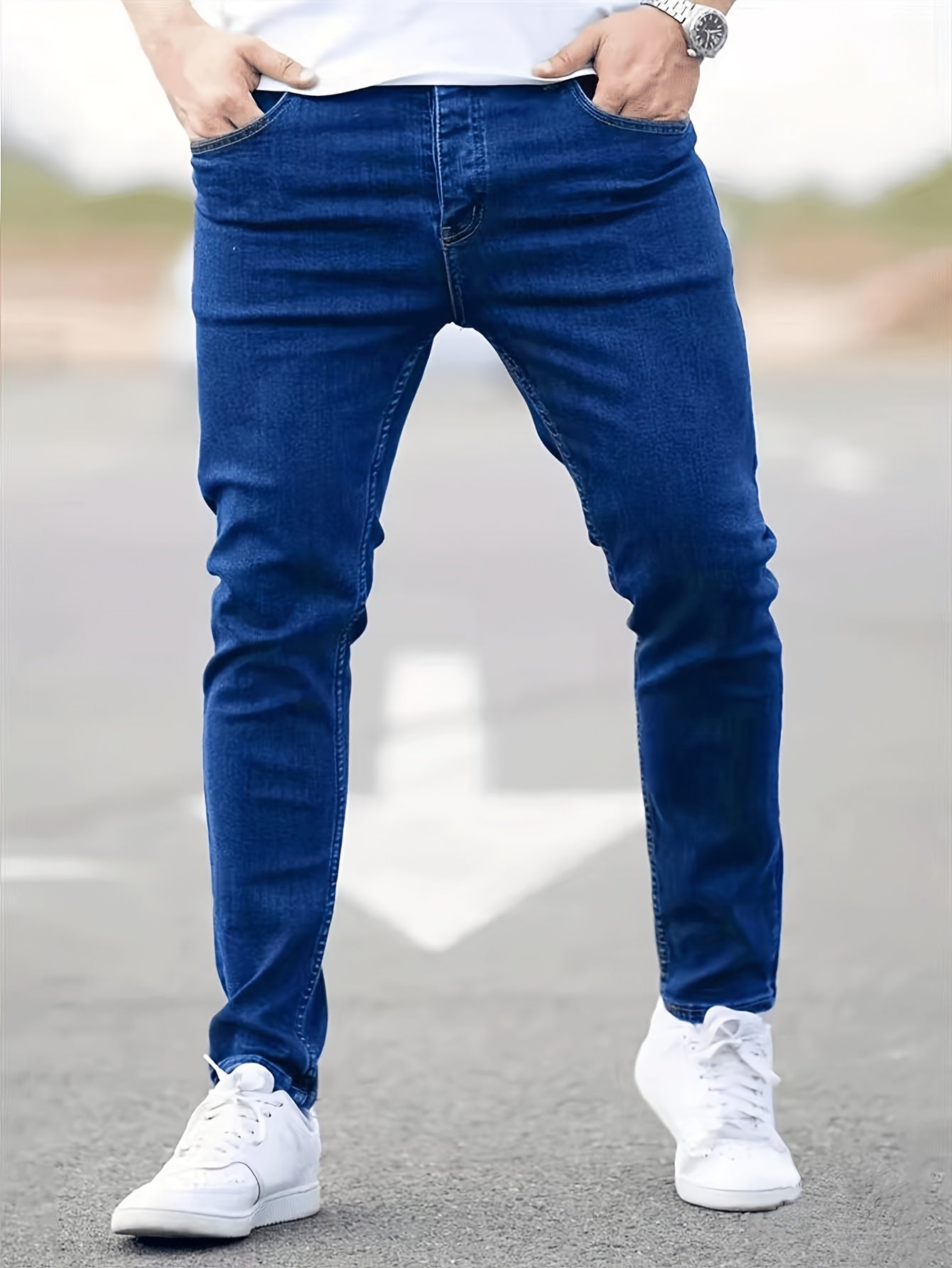 Men's Casual Style Slim Fit Denim Jeans, Classic Blue Slightly Stretch Pants With Pockets, Versatile For Daily Wear