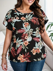 Plus Size Floral Print T-Shirt, Casual Short Sleeve Top For Spring & Summer, Women's Plus Size Clothing