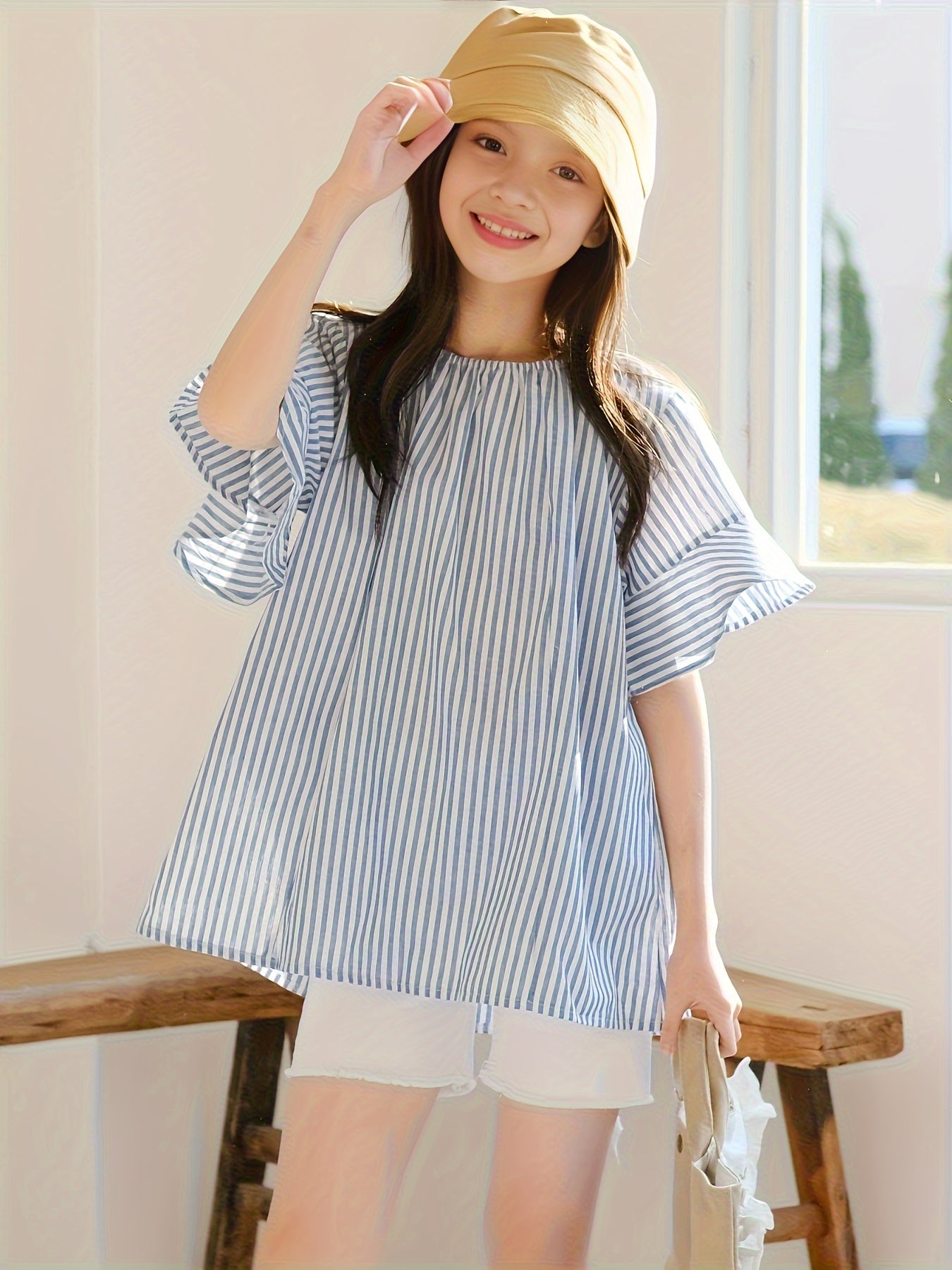 Casual Girls Stripe Blouse Flounce Sleeve Loose Summer Tops