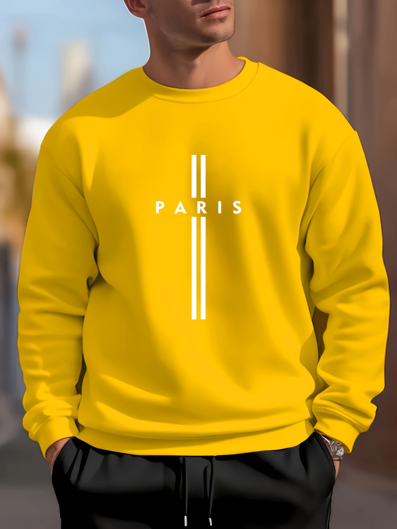 PARIS Letter Print Men's Crew Neck Long Sleeve Sweatshirt, Trendy Pullover Sweatshirt, Casual Comfy Versatile Top For Spring & Autumn, Outdoor Sports