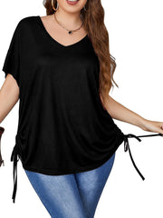 Plus Size Womens Tops with Drawstring Detail - Ultra-Comfortable High Stretch Casual Style - Flattering Half Sleeves for Curvy Figures