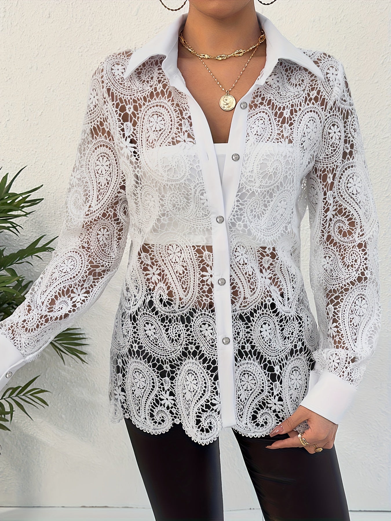 Plus Size Paisley Pattern Lace Top - Chic Casual Collared Long Sleeve Button-Front Shirt for Women - Flattering and Comfortable Plus Size Clothing for Everyday Wear