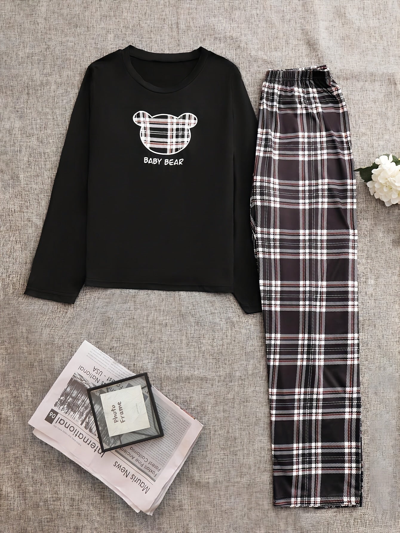 Bear Print Casual Set, Crew Neck Long Sleeve Top & Plaid Straight Leg Pants, Women's Clothing